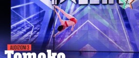 70-year old Japanese opera singer Tomoko shows off her pole-dancing skills at the Italian version of